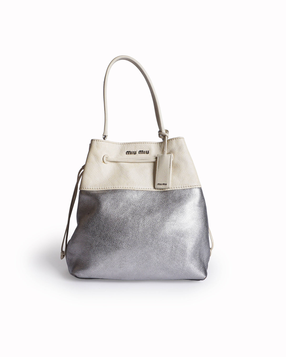 Miu Miu White & Metallic Silver Two-Tone Leather Drawstring Bucket Bag