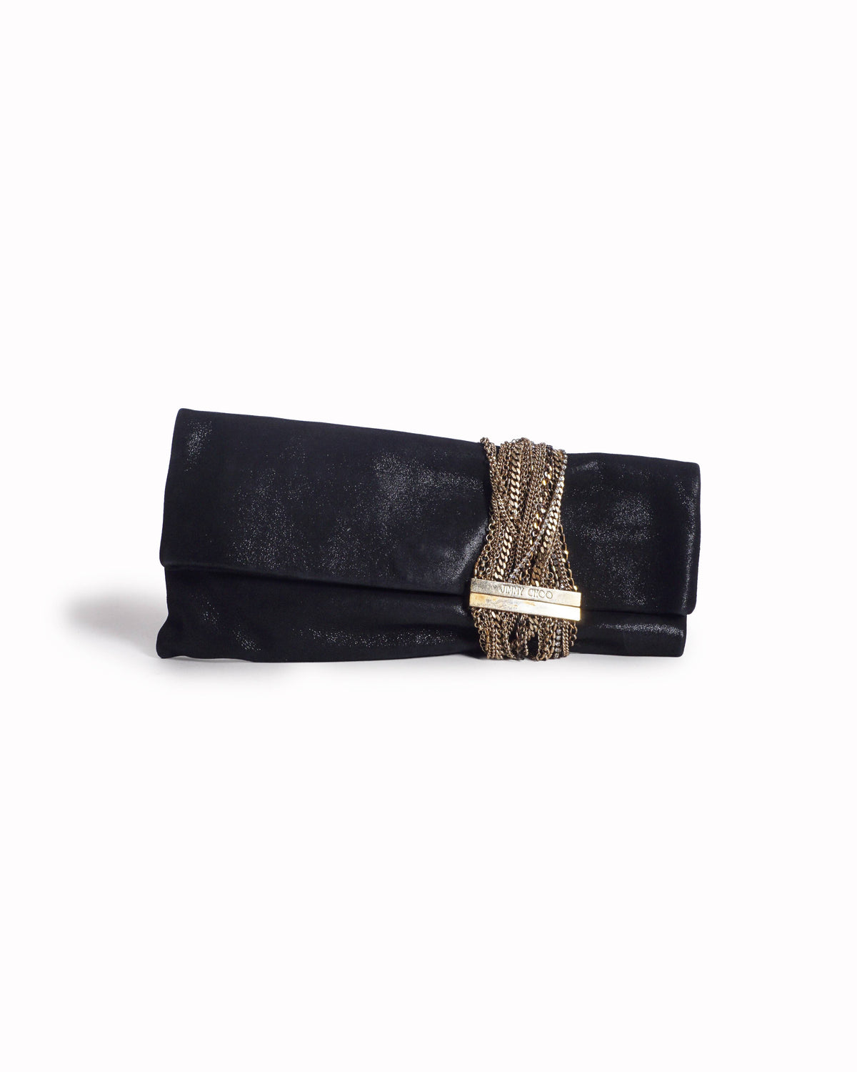 Jimmy Choo Black Shimmer Leather Chandra Multi-Chain Clutch Bag