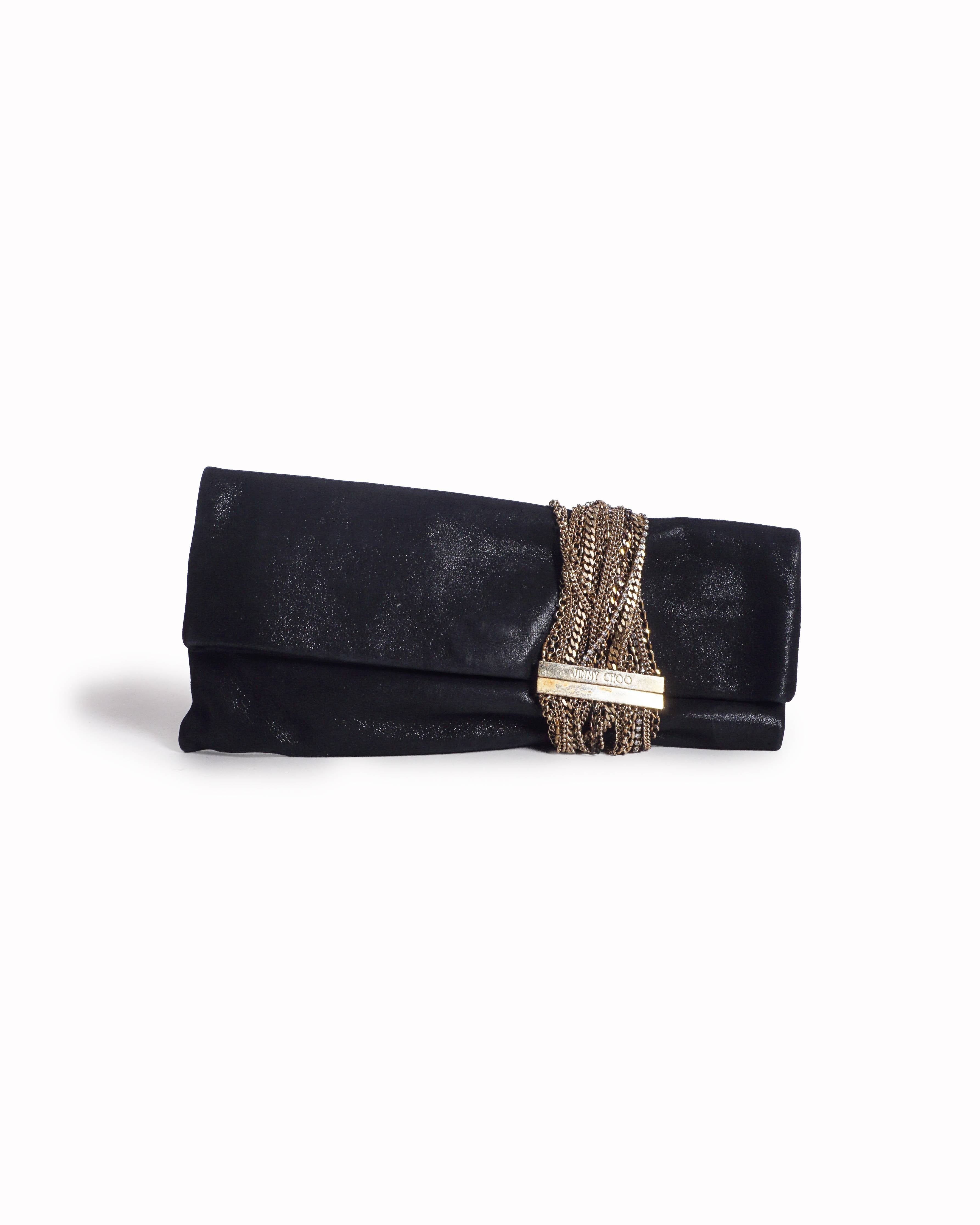Jimmy Choo Black Shimmer Leather Chandra Multi-Chain Clutch Bag