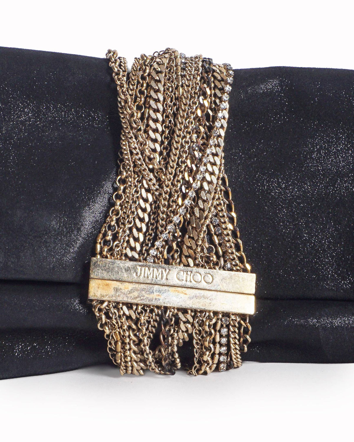 Jimmy Choo Black Shimmer Leather Chandra Multi-Chain Clutch Bag