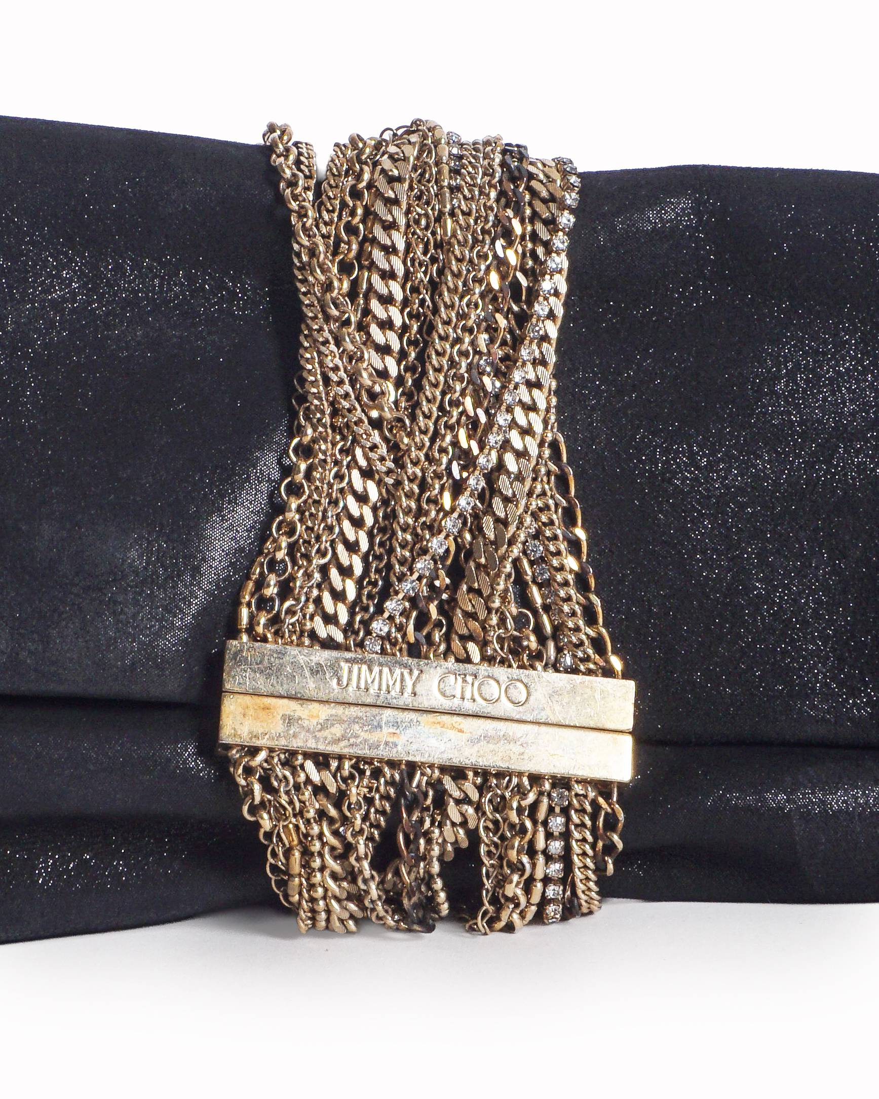 Jimmy Choo Black Shimmer Leather Chandra Multi-Chain Clutch Bag