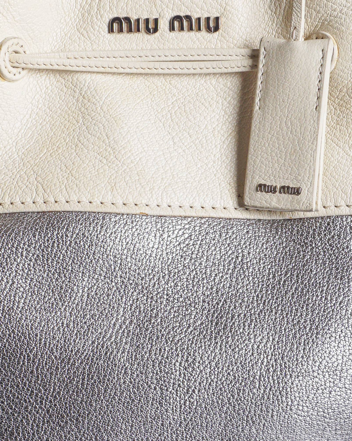 Miu Miu White & Metallic Silver Two-Tone Leather Drawstring Bucket Bag
