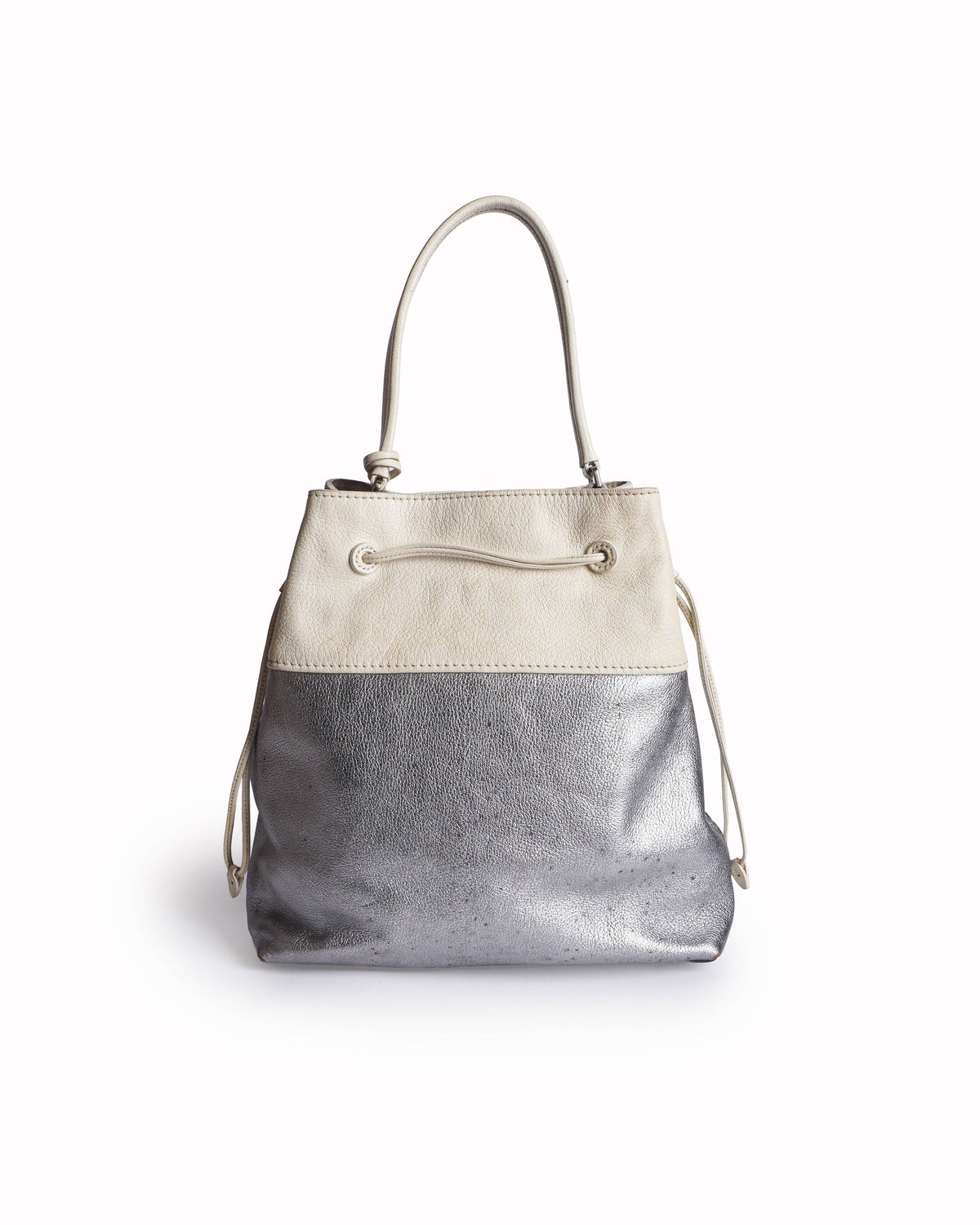 Miu Miu White & Metallic Silver Two-Tone Leather Drawstring Bucket Bag