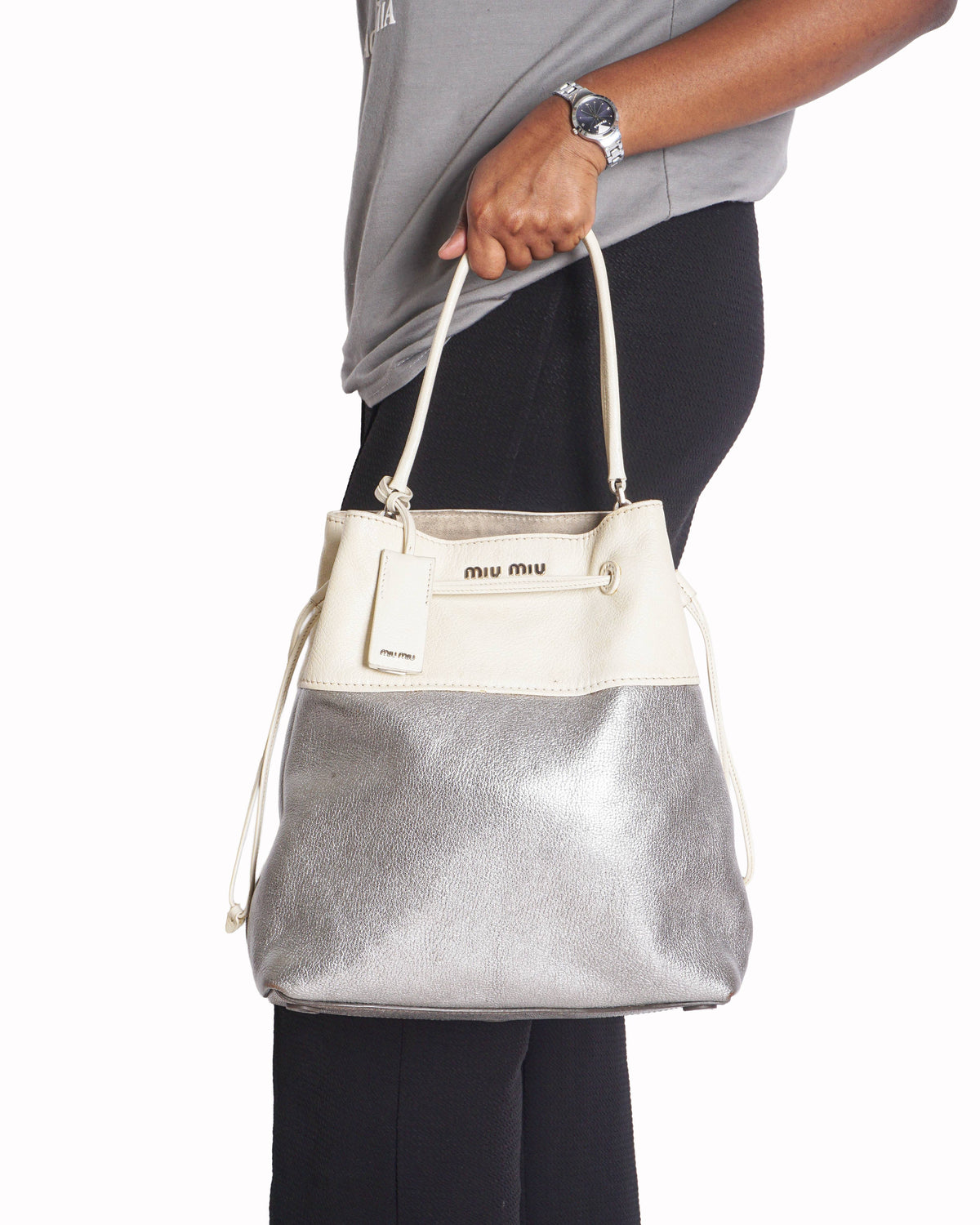 Miu Miu White & Metallic Silver Two-Tone Leather Drawstring Bucket Bag