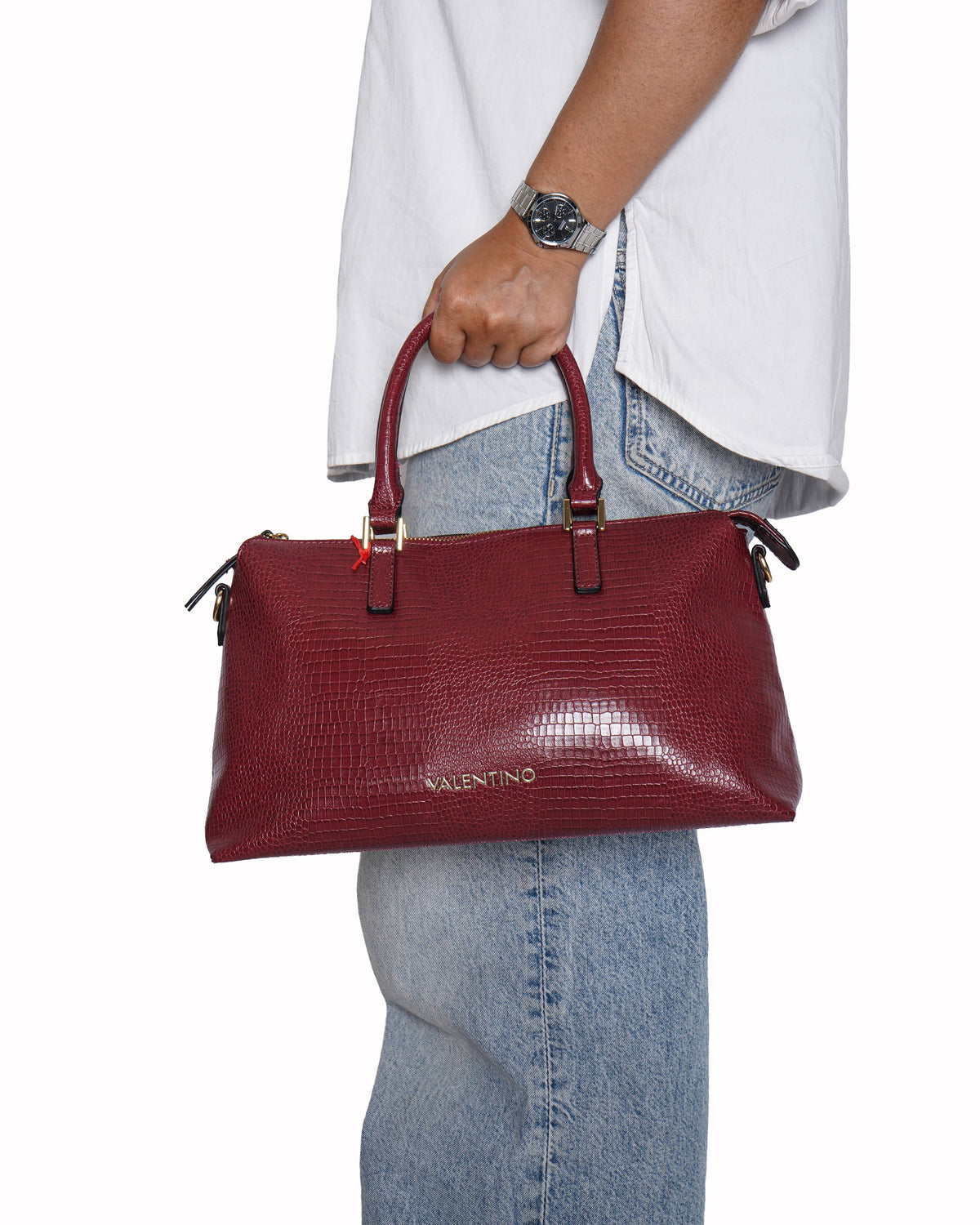 Mario Valentino Maroon Croc-Embossed Satchel