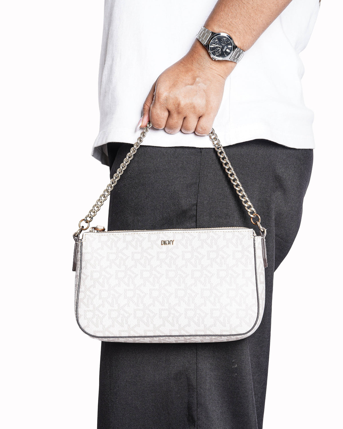 DKNY Cream Logo Monogram Chain Wristlet Pouchette