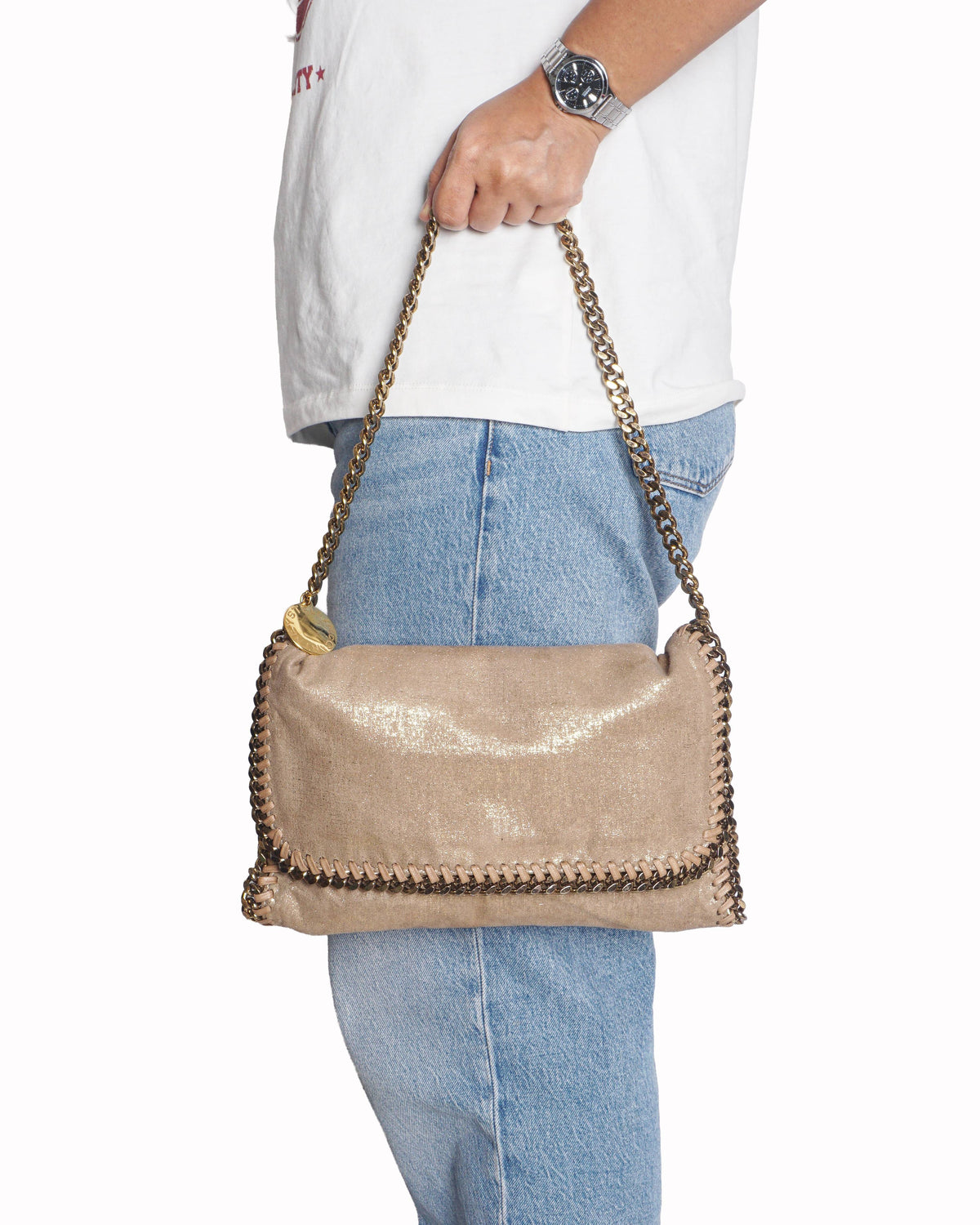 Stella McCartney Metallic Champagne Gold Falabella Chain Shoulder Bag