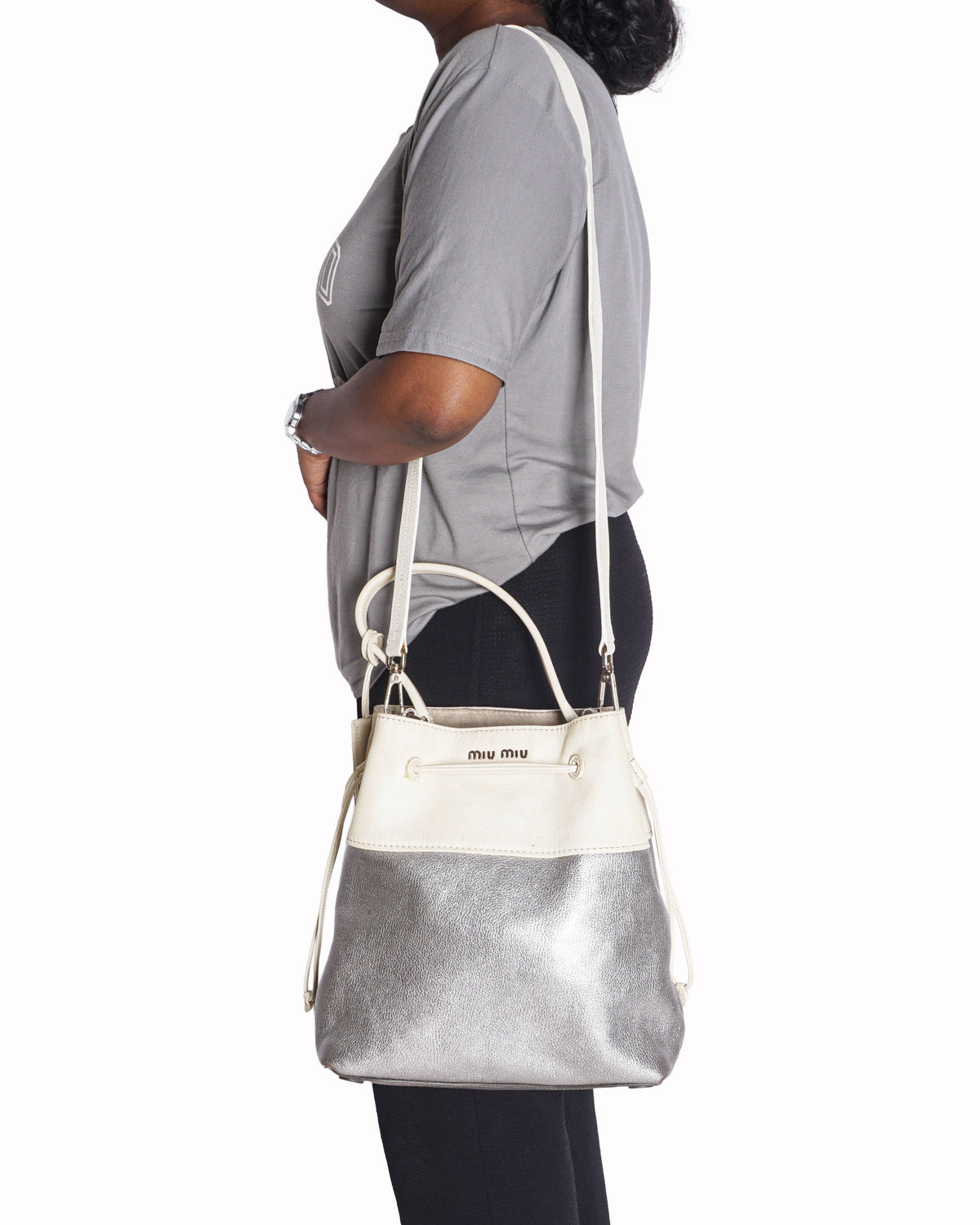 Miu Miu White & Metallic Silver Two-Tone Leather Drawstring Bucket Bag