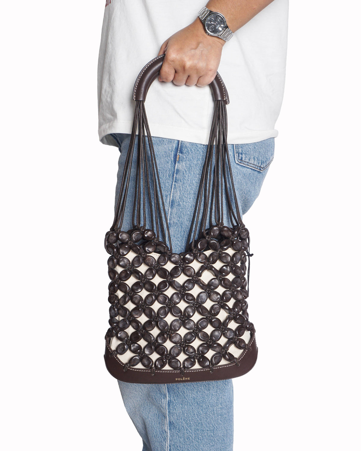 Polène Solé Macramé Upcycled Leather Pebble-Pearl Bag
