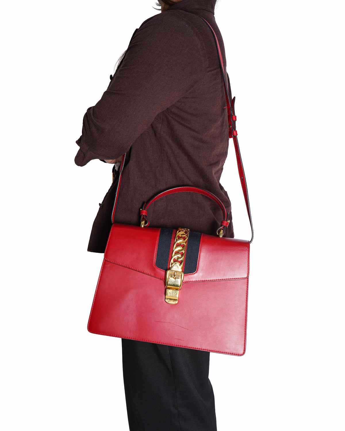 Gucci Red Leather Sylvie Top Handle Bag