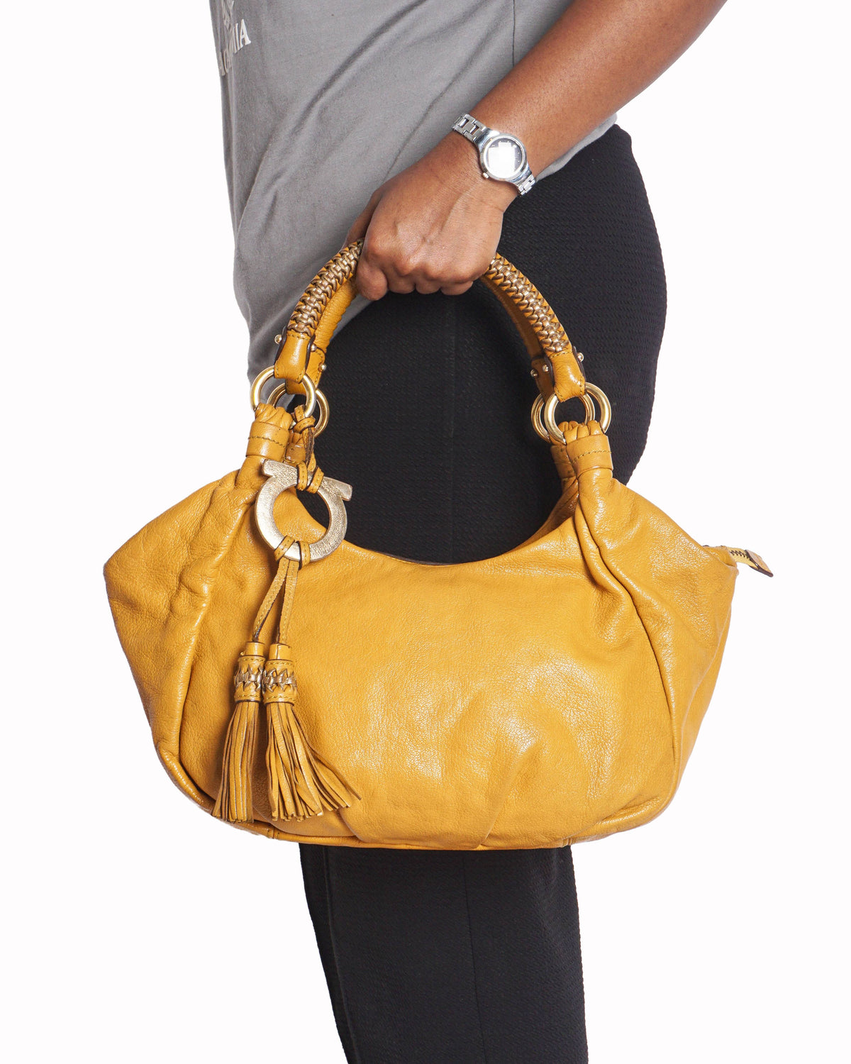 Salvatore Ferragamo Mustard Yellow Pebbled Leather Marisa Hobo Bag