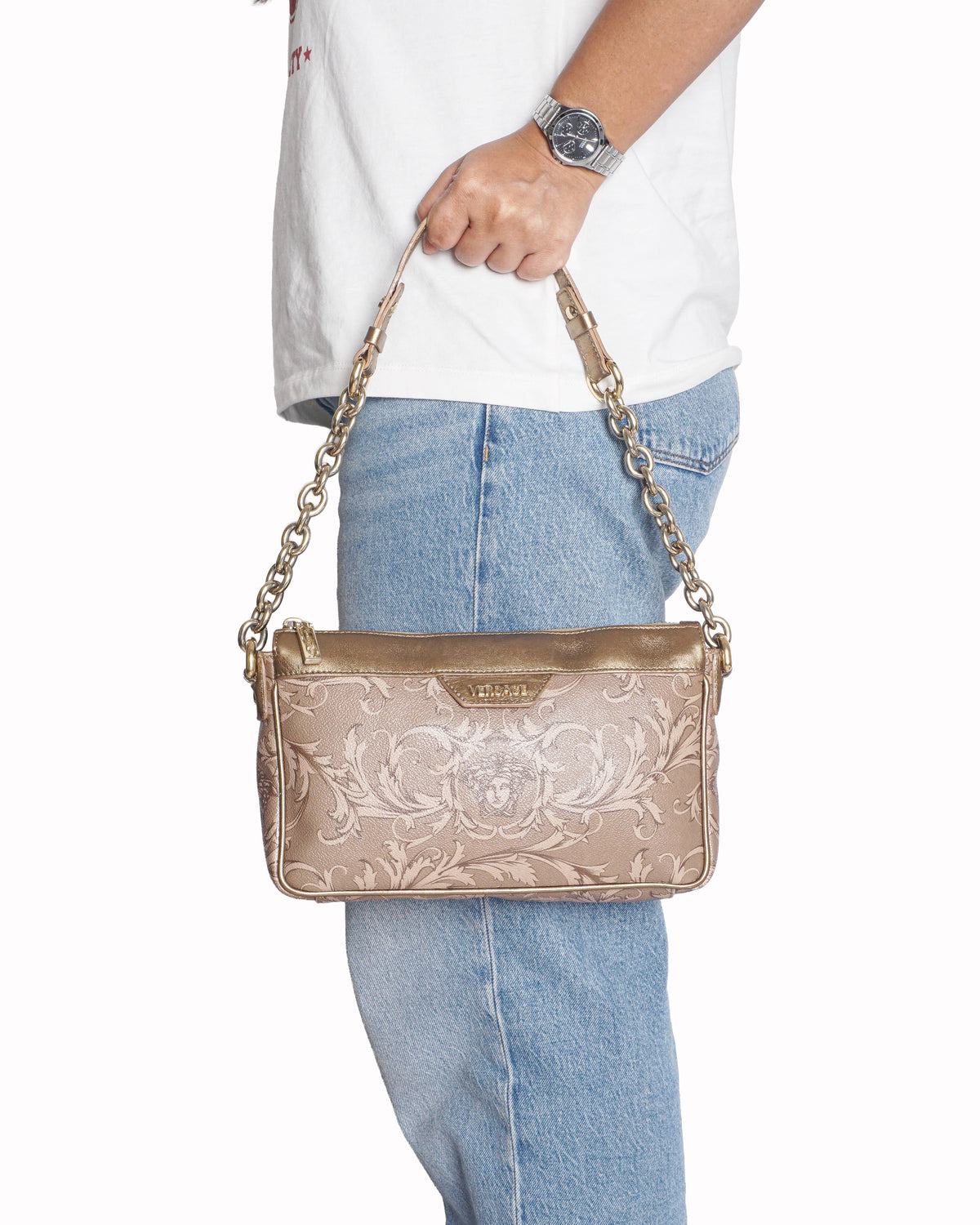 Versace Gold & Pink Barocco Medusa Chain Shoulder Bag
