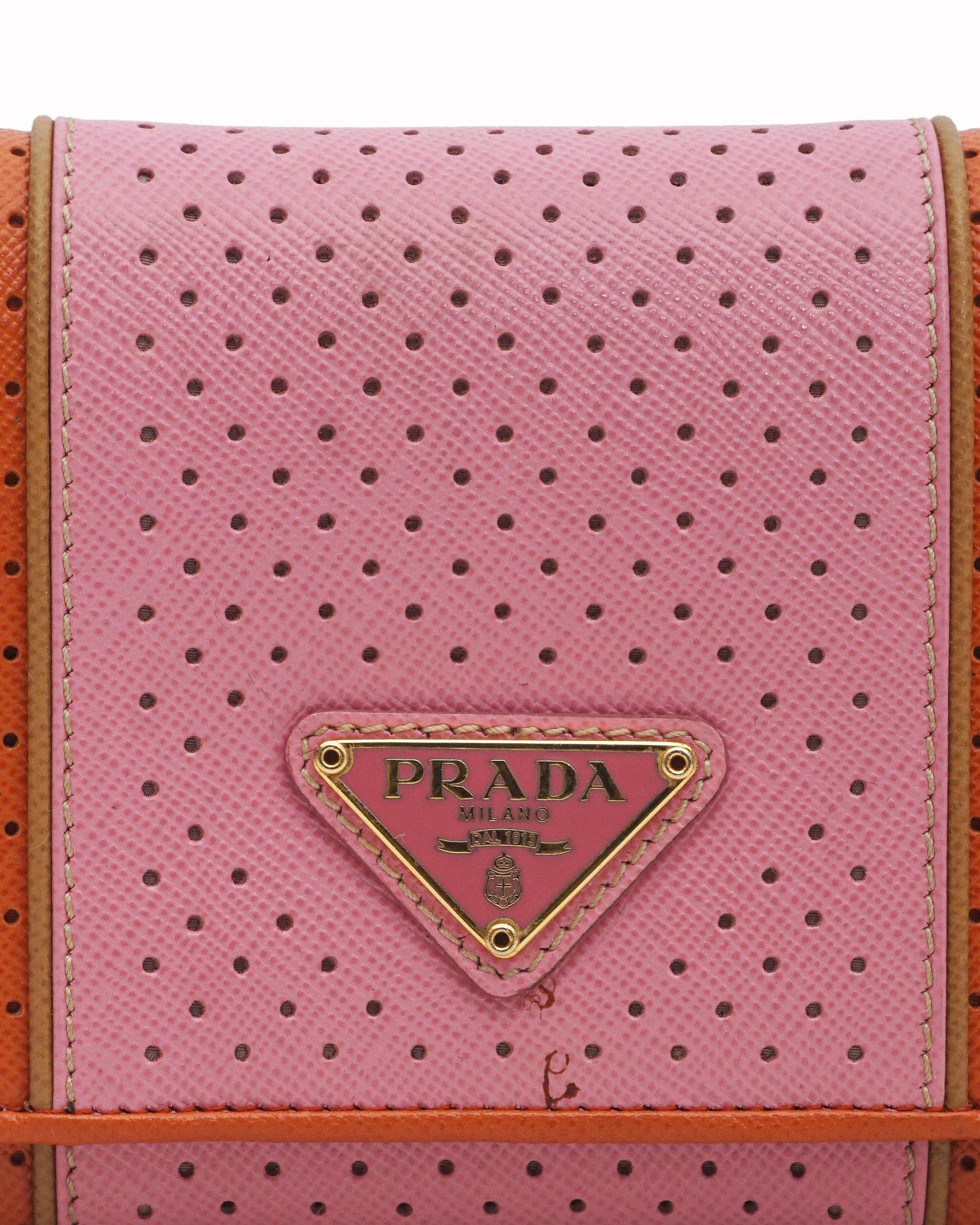Prada Orange and Pink Perforated Continental Flap Wallet