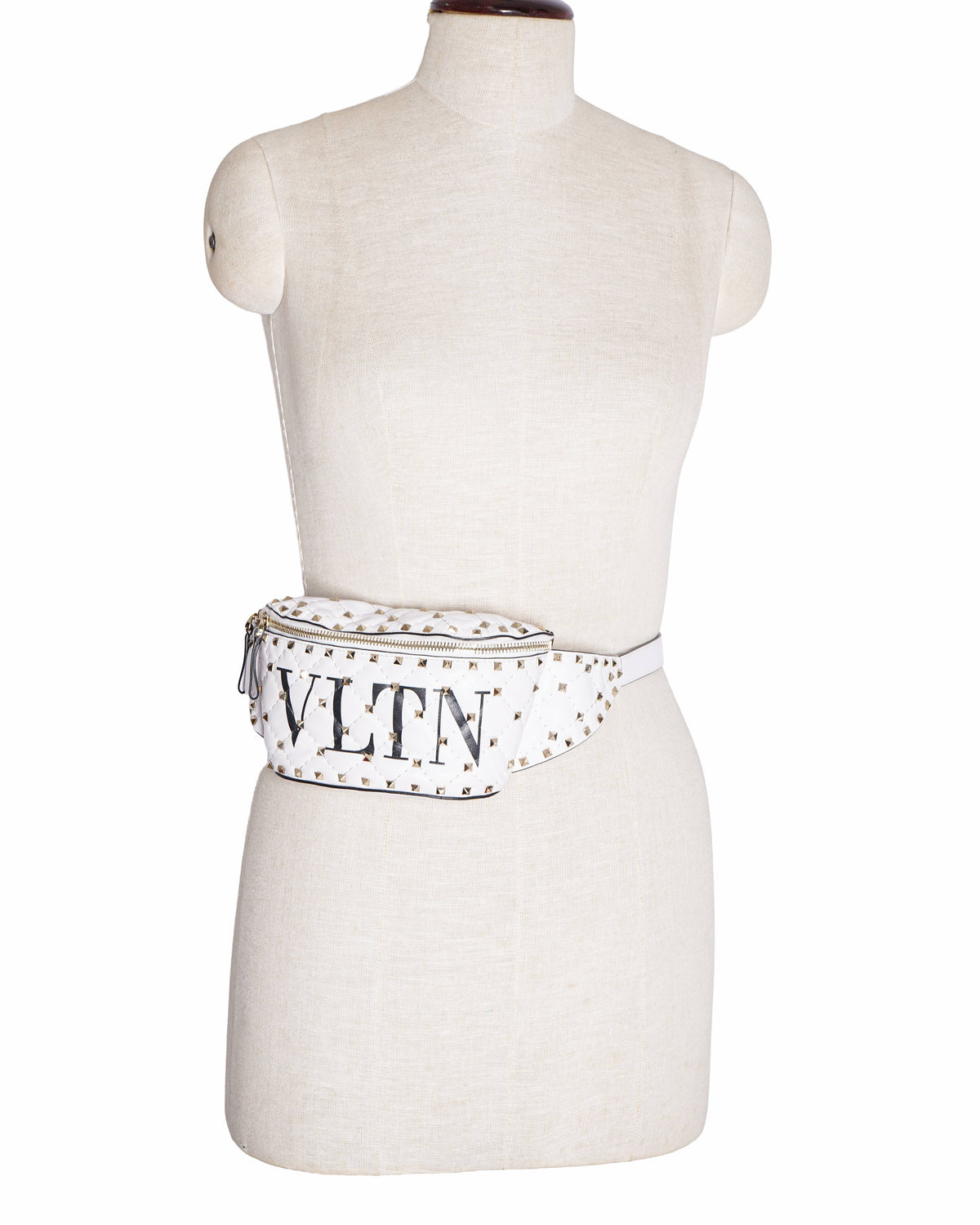 Valentino Garavani White Quilted Lambskin Leather VLTN Roskstud Spike Belt Bag