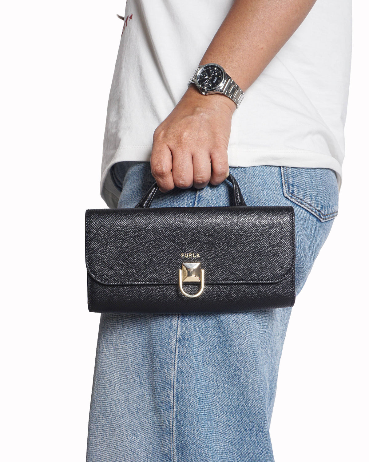 Furla Black Textured Leather Crossbody Bag