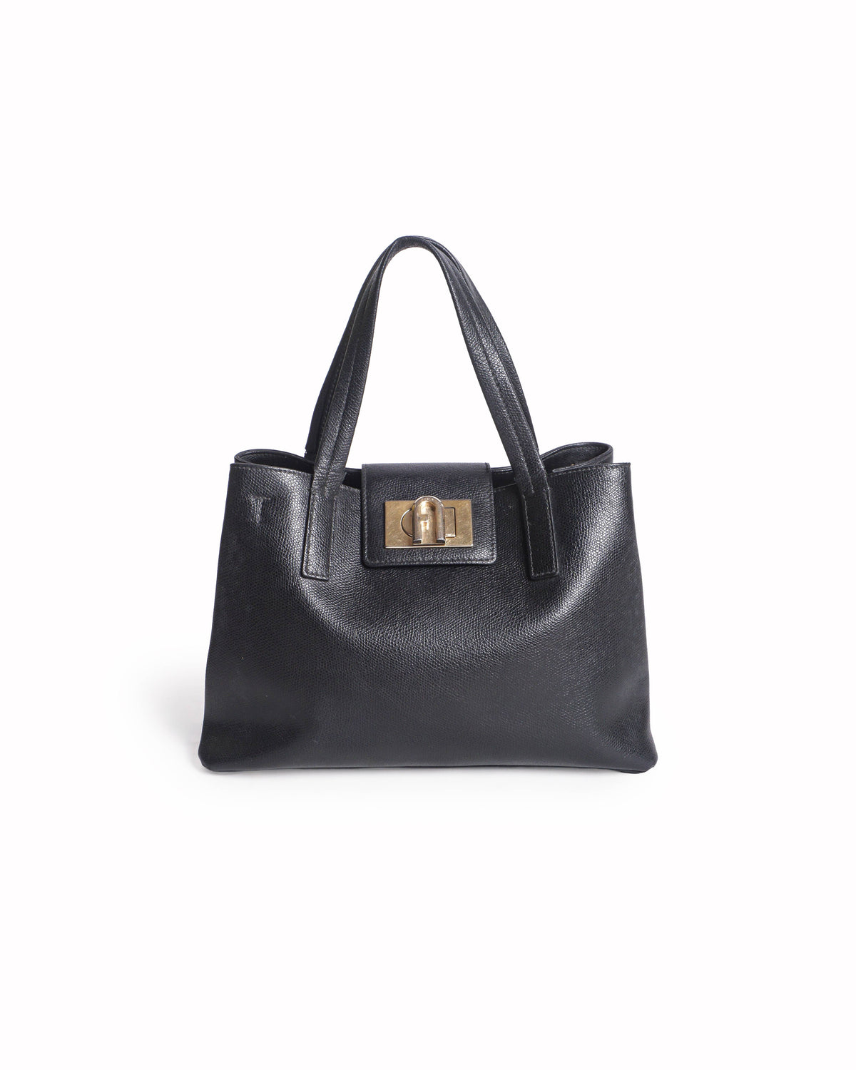 Furla 1927 Black Leather Arch Turn-Lock Tote Bag