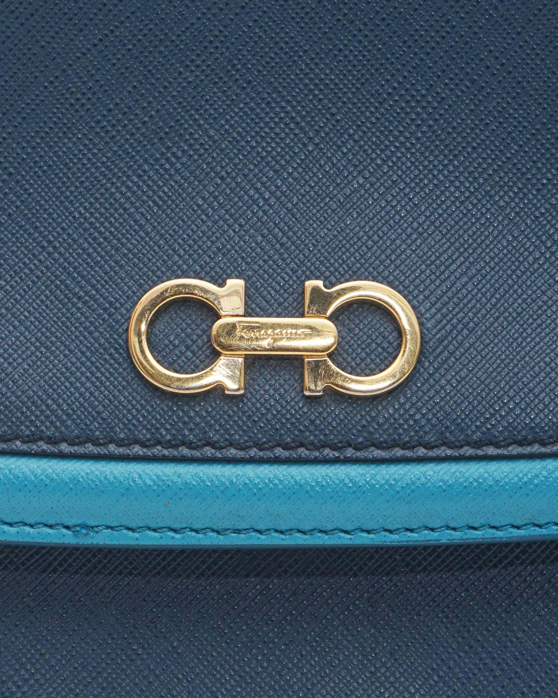 Salvatore Ferragamo Greta Two-Tone Blue Leather Gancini Crossbody Bag