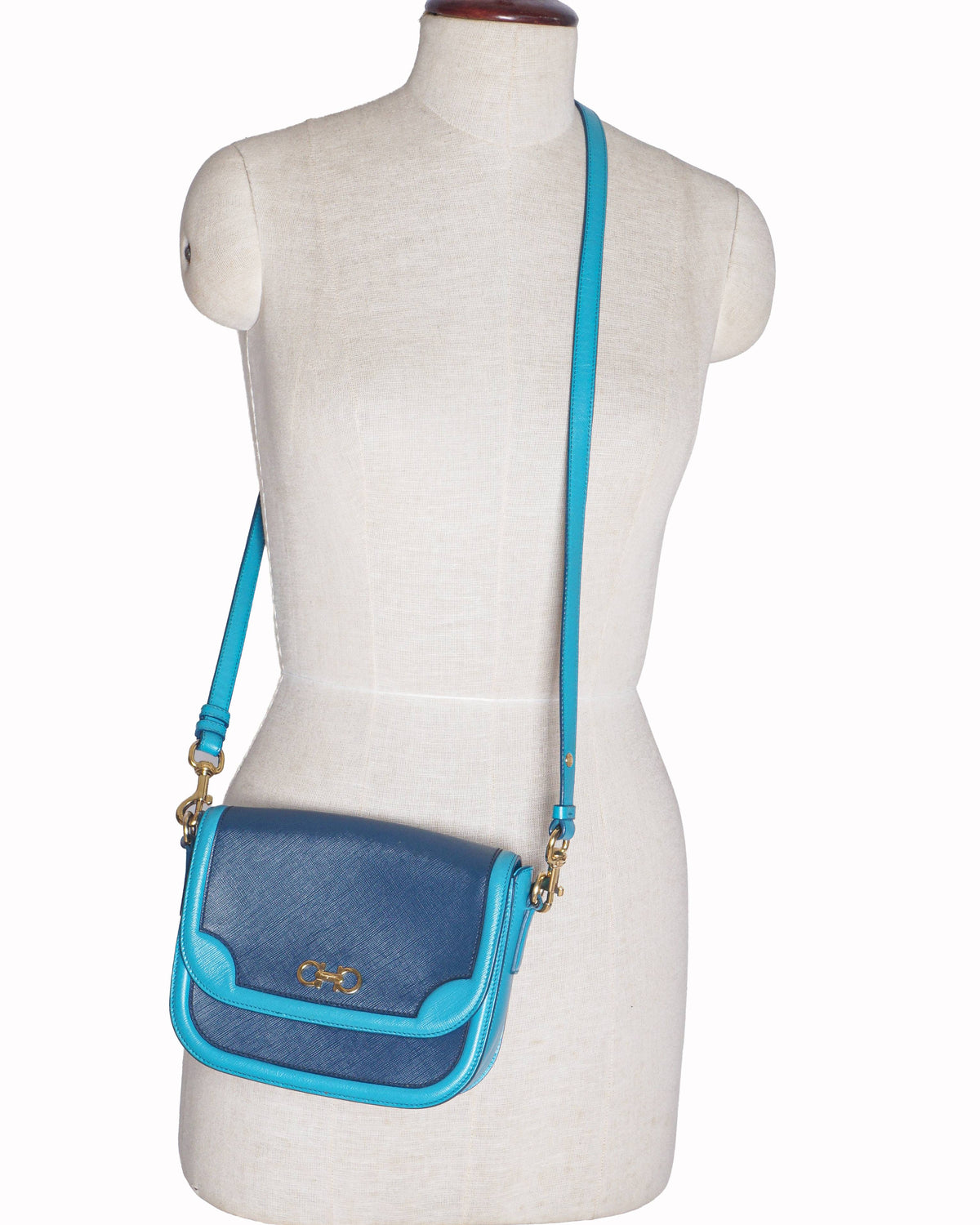 Salvatore Ferragamo Greta Two-Tone Blue Leather Gancini Crossbody Bag