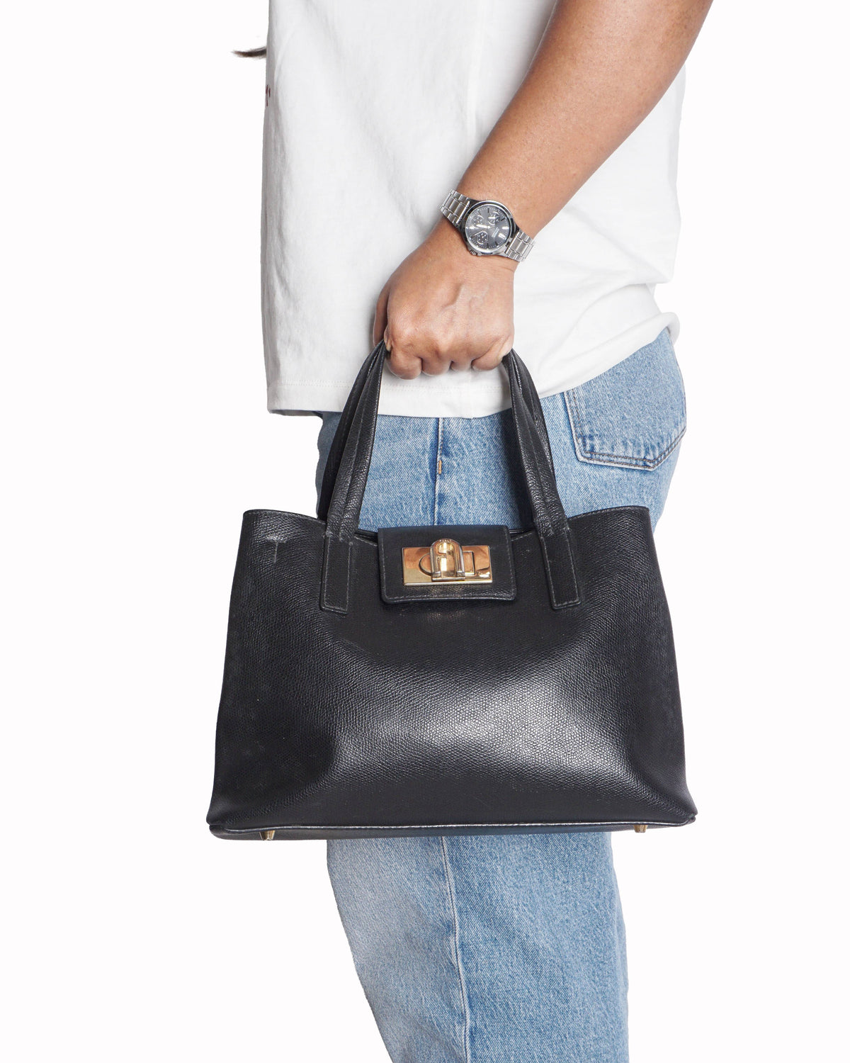 Furla 1927 Black Leather Arch Turn-Lock Tote Bag