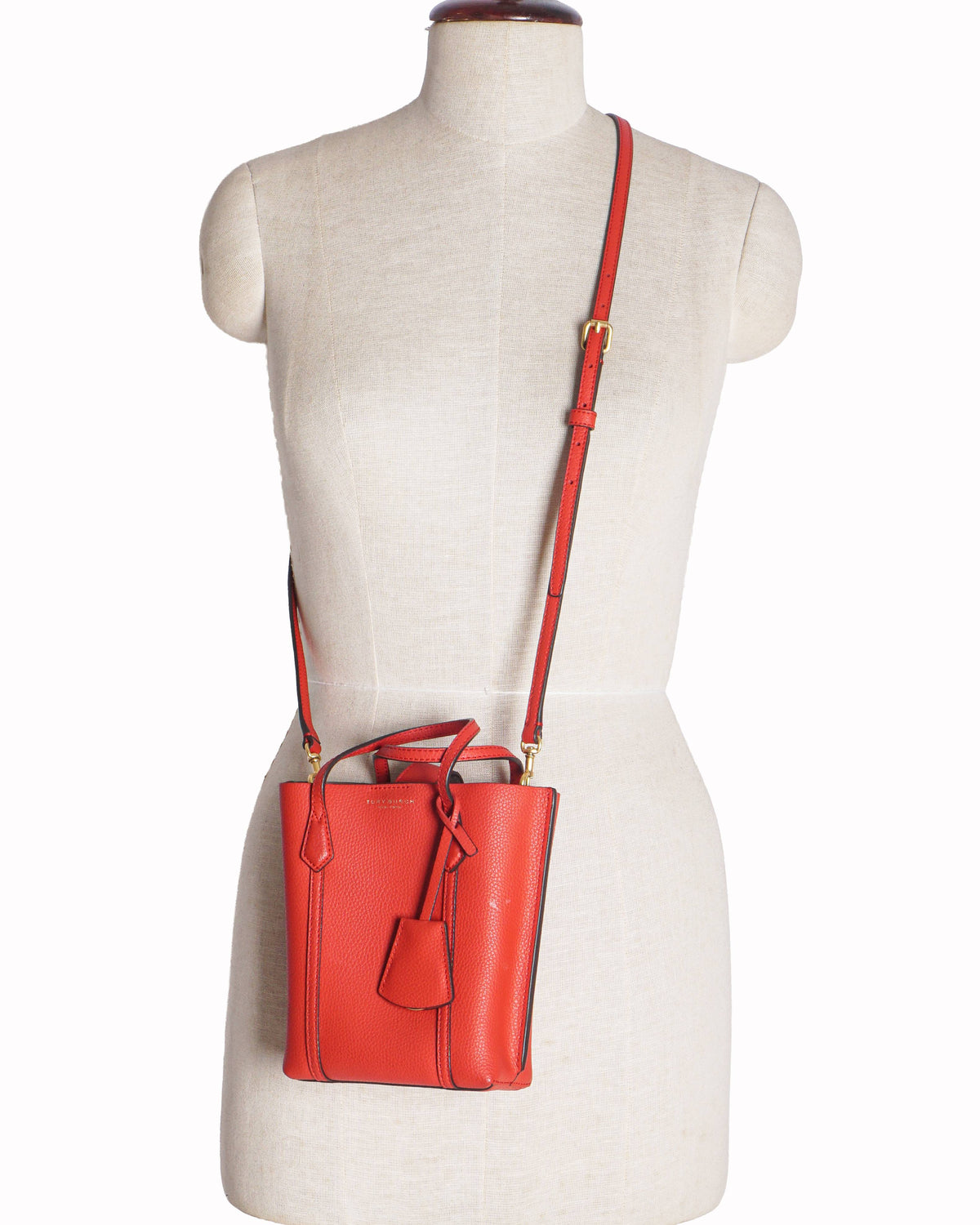 Tory Burch Red Pebbled Leather Perry Mini N/S Crossbody Tote
