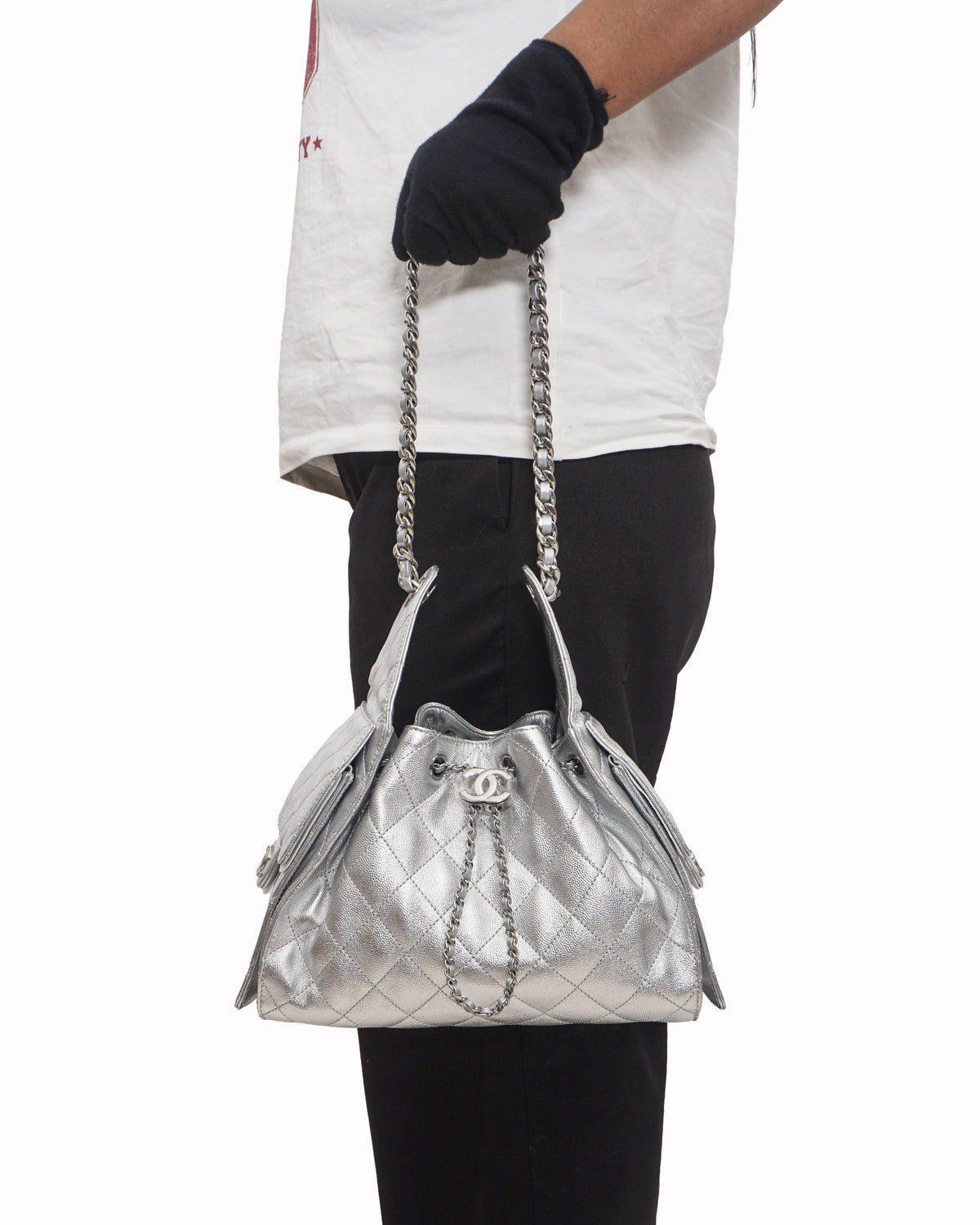 Chanel Metallic Silver Caviar Quilted Mini 25 Drawstring Bag