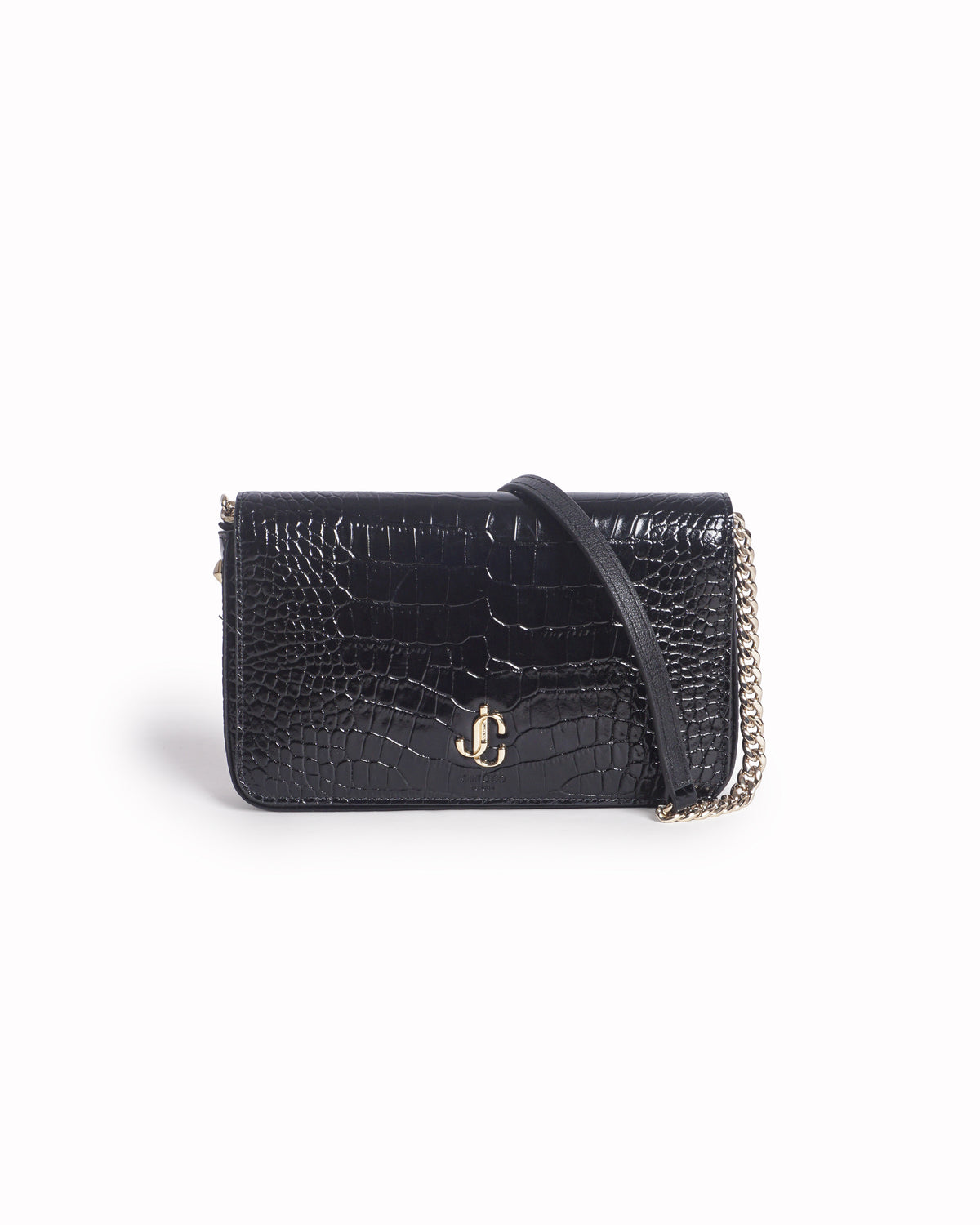 Jimmy Choo Varenne Black Croc-Embossed Leather Clutch With Chain Strap