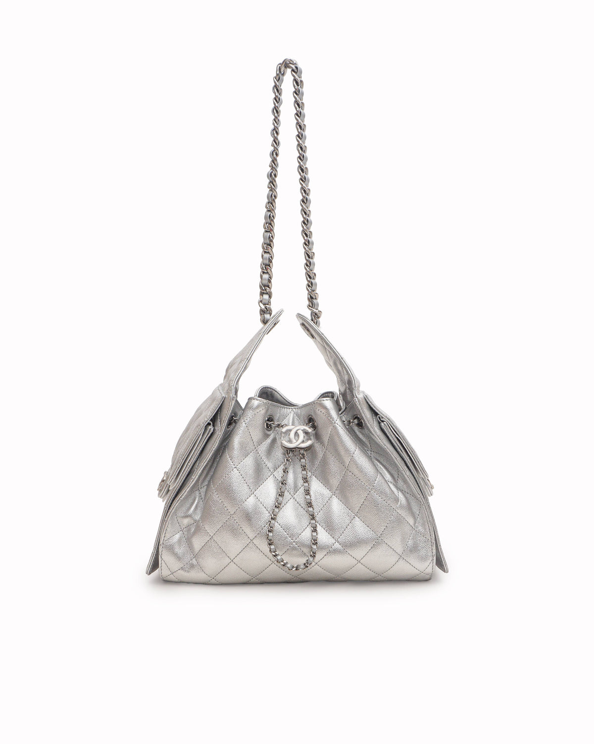 Chanel Metallic Silver Caviar Quilted Mini 25 Drawstring Bag