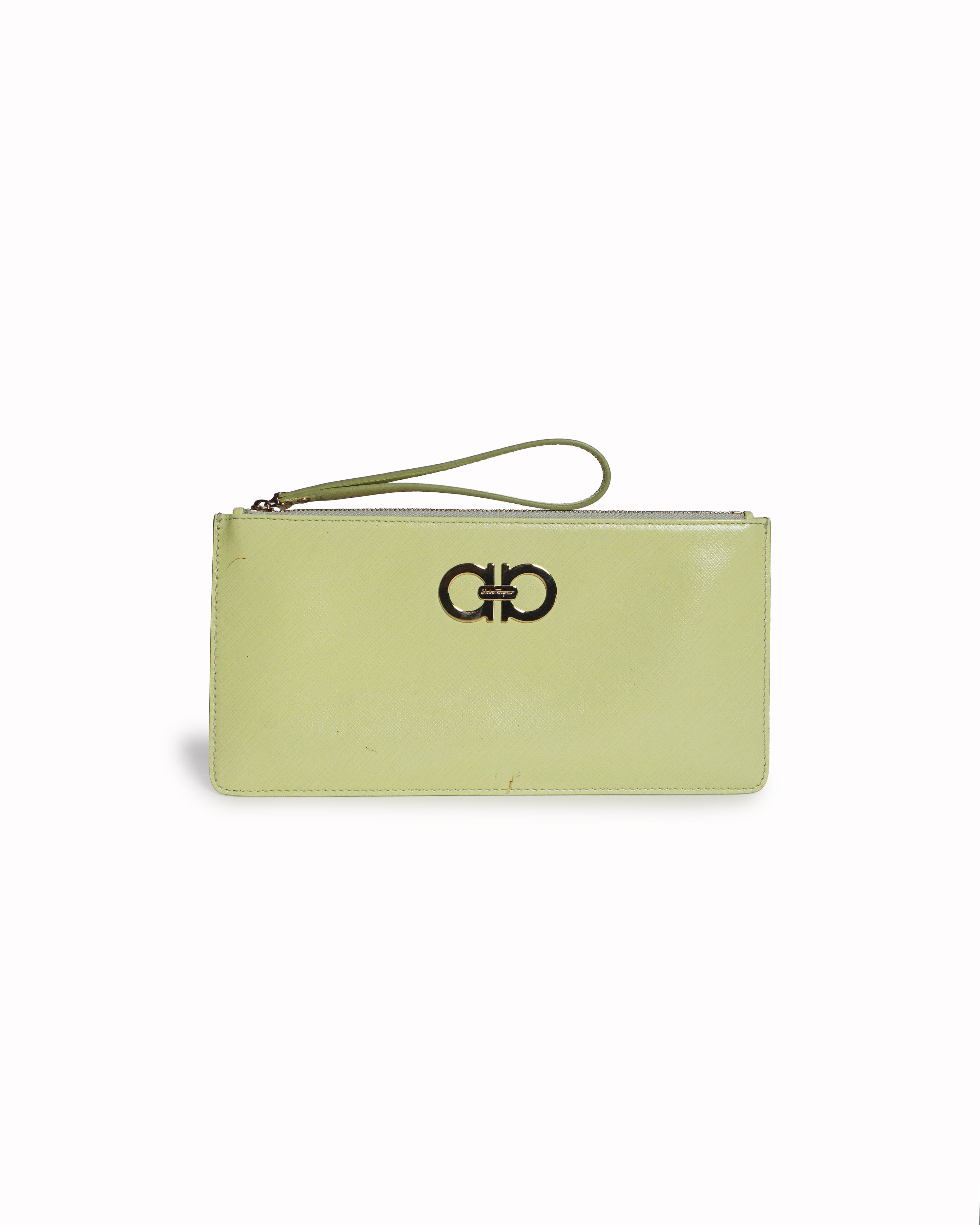 Salvatore Ferragamo Lime Yellow Saffiano Leather Gancini Wristlet Clutch