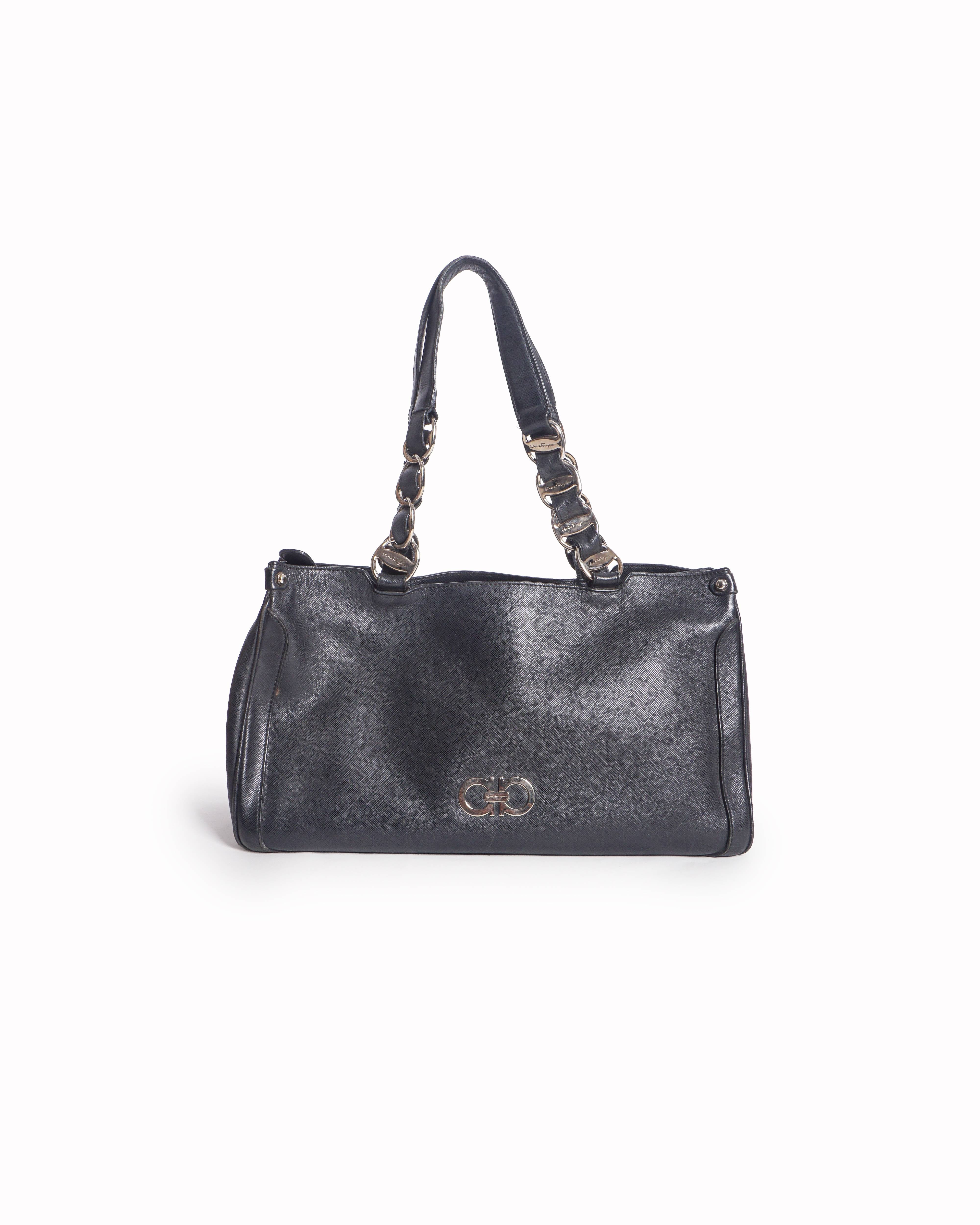 Salvatore Ferragamo Black Saffiano Leather Gancini Shoulder Tote