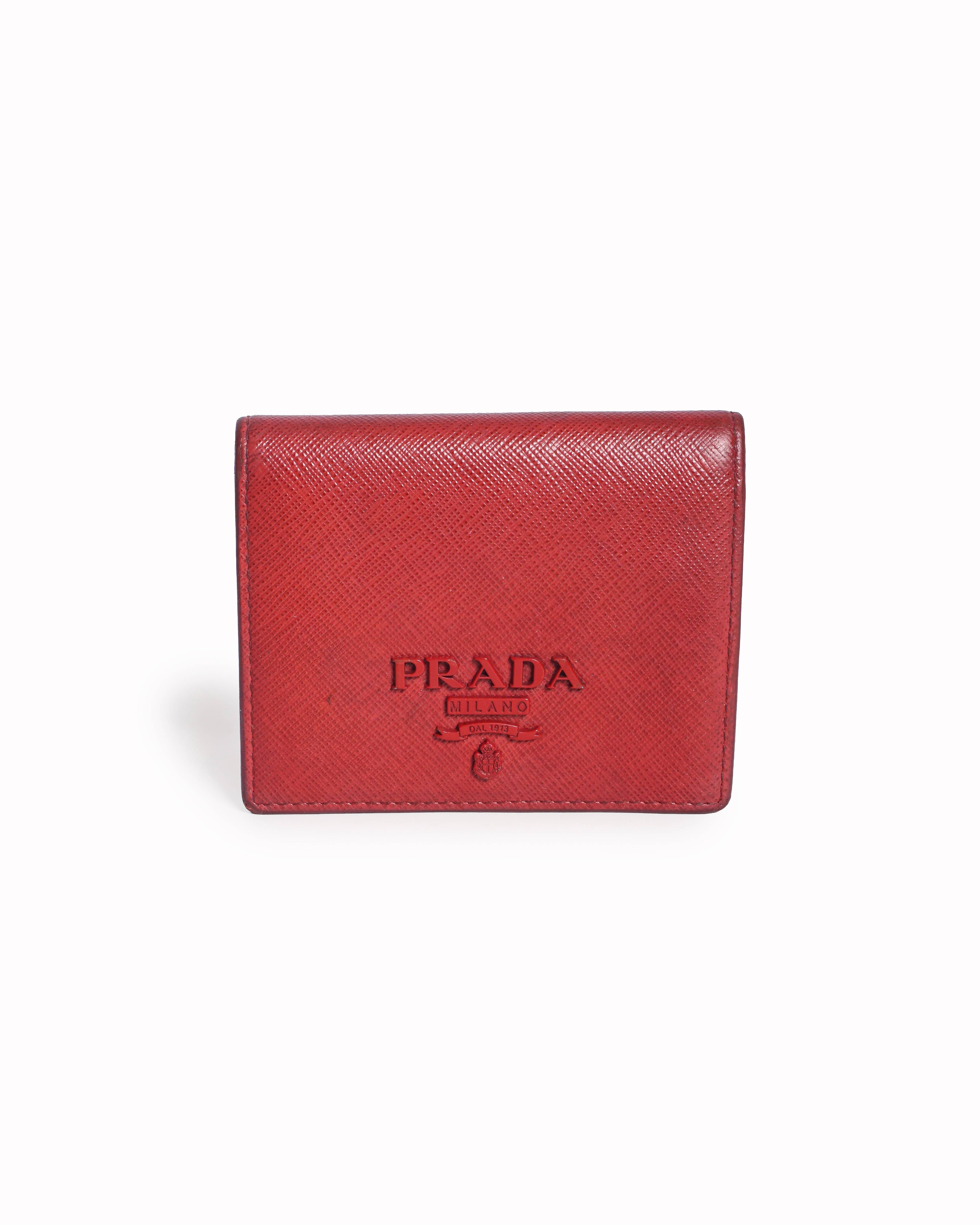 Prada Red Saffiano Leather Tonal Logo Bi-Fold Wallet