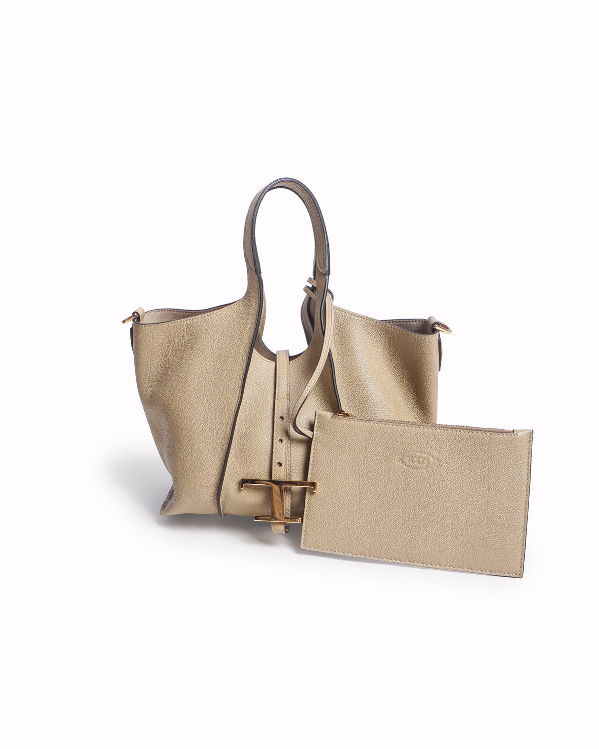Tod's Taupe Pebbled Leather T Timeless Small Tote Bag
