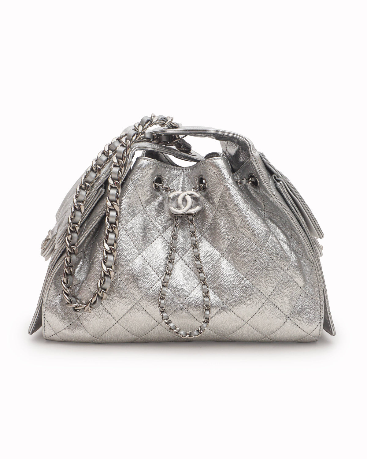 Chanel Metallic Silver Caviar Quilted Mini 25 Drawstring Bag