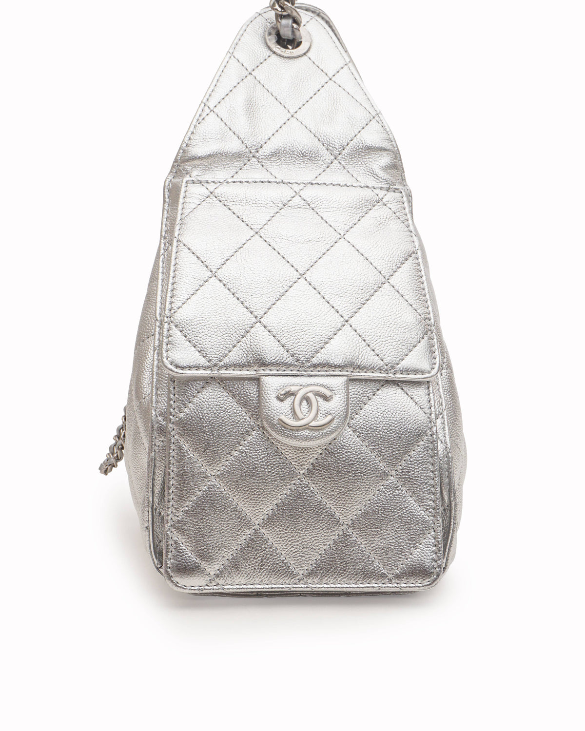 Chanel Metallic Silver Caviar Quilted Mini 25 Drawstring Bag