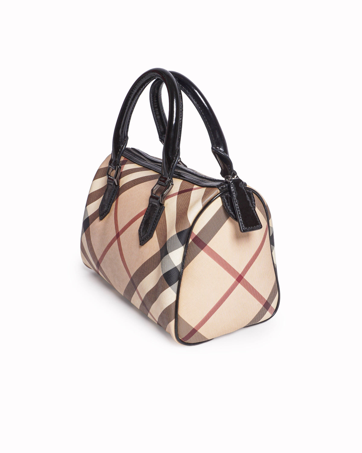 Burberry Nova Check Coated Canvas Patent Boston Bag