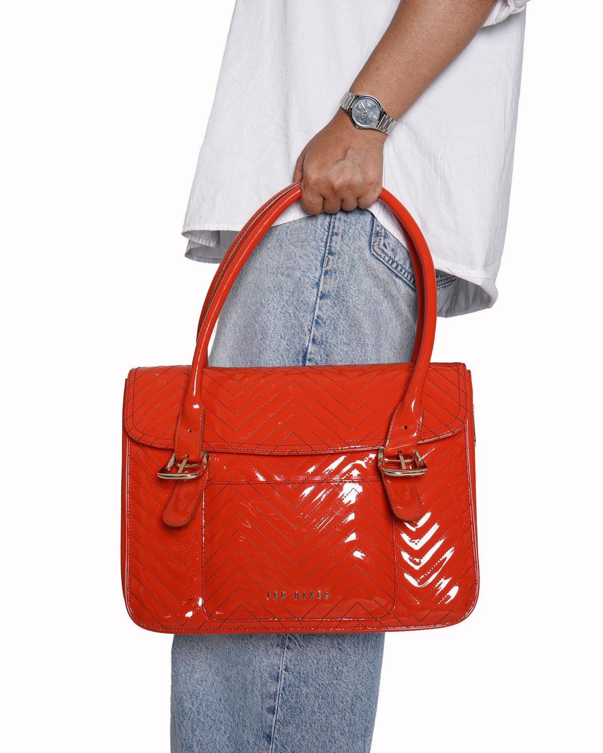 Ted Baker Orange Tote Computer Hand Bag Faux Patent leather