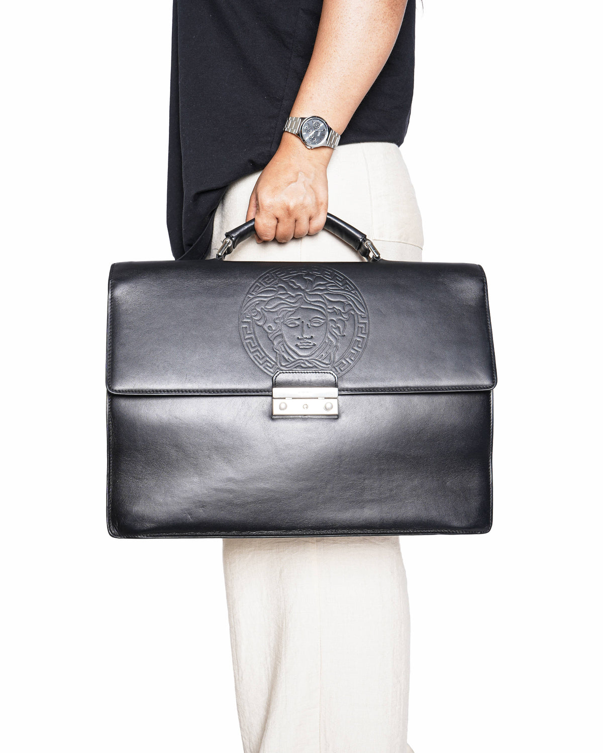 Versace medusa embossed leather briefcase