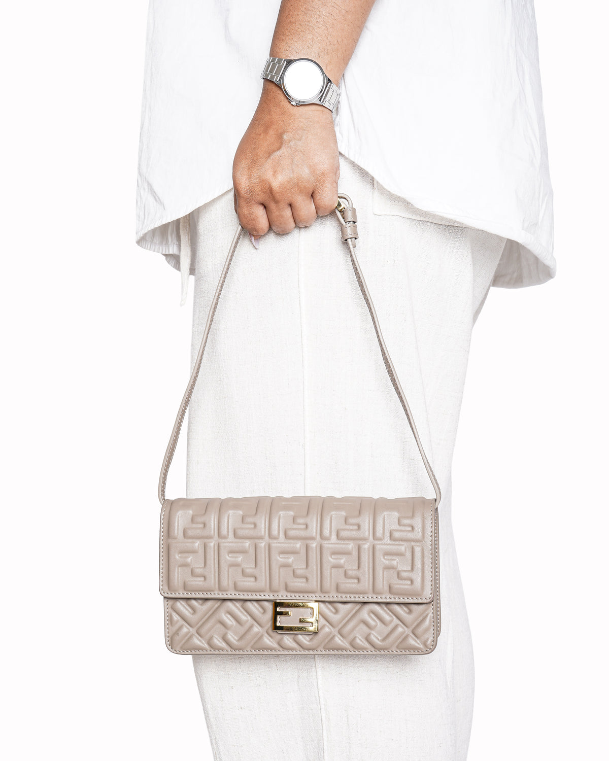 Fendi FF Embossed Baguette Leather Wallet on Chain