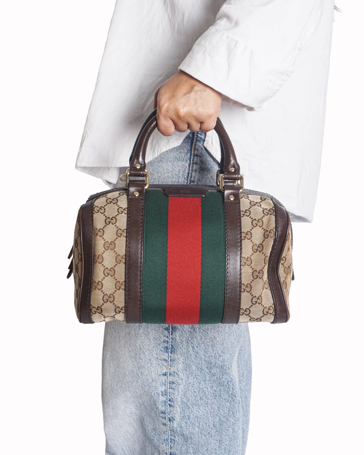 Gucci Vintage GG Canvas Small Boston Bag with Web Stripe