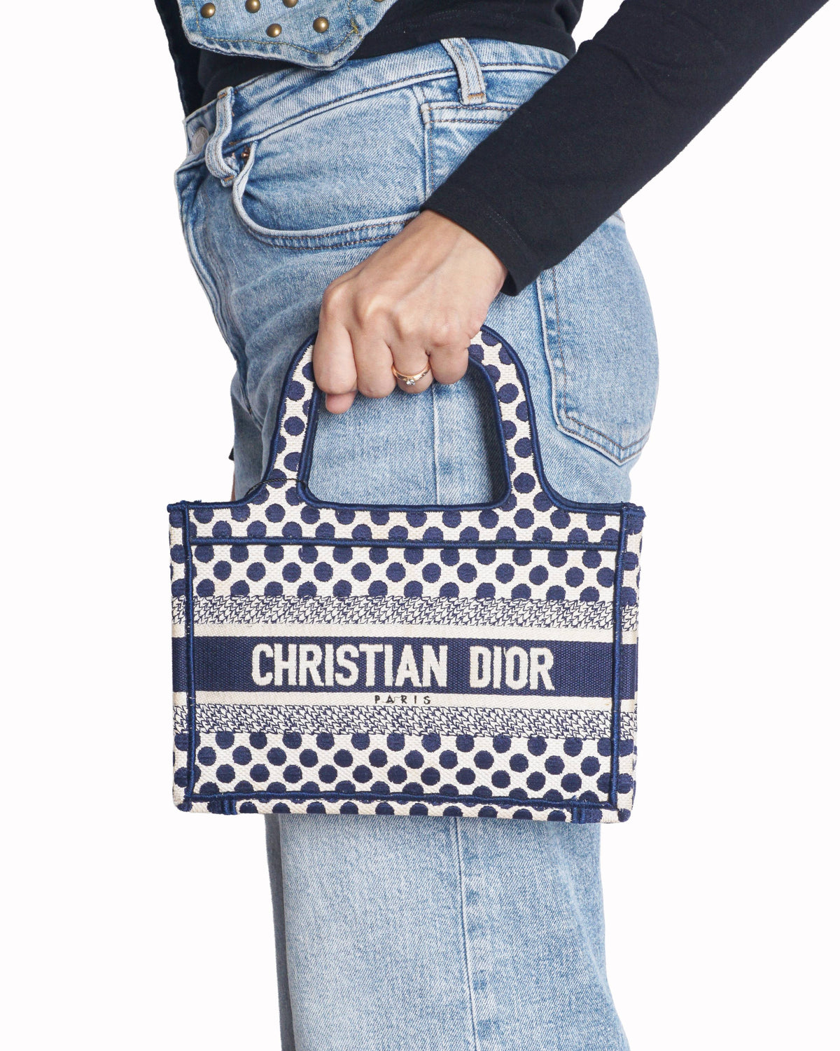 Christian Dior Blue & Cream Polka Dot Embroidered Canvas Mini Book Tote