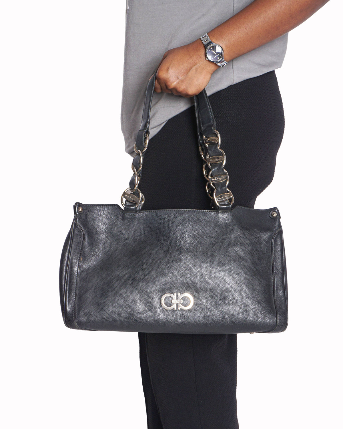 Salvatore Ferragamo Black Saffiano Leather Gancini Shoulder Tote