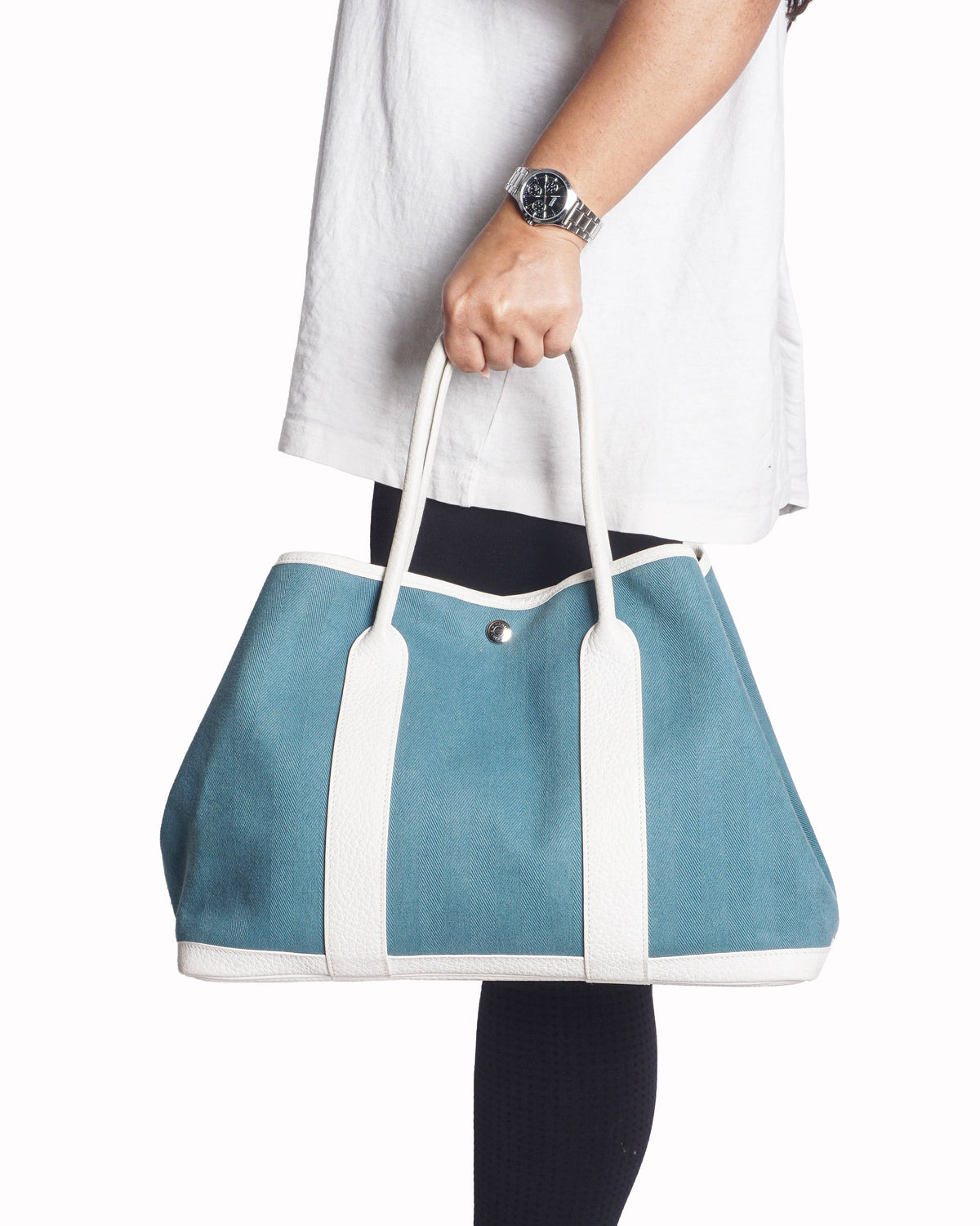 Hermès Garden Party 36 Blue Canvas & White Leather Tote