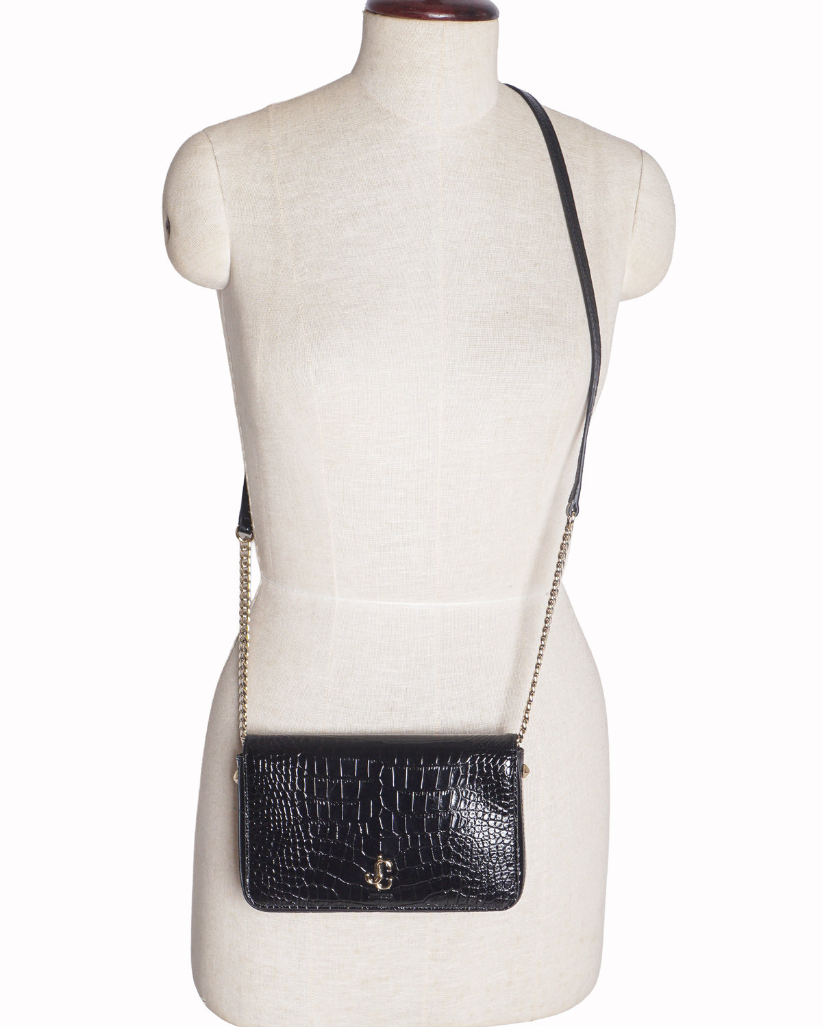 Jimmy Choo Varenne Black Croc-Embossed Leather Clutch With Chain Strap