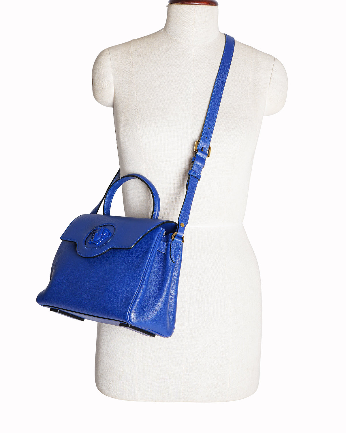 VERSACE Exclusive Calfskin Medium La Medusa Top Handle Handbag in Lapis