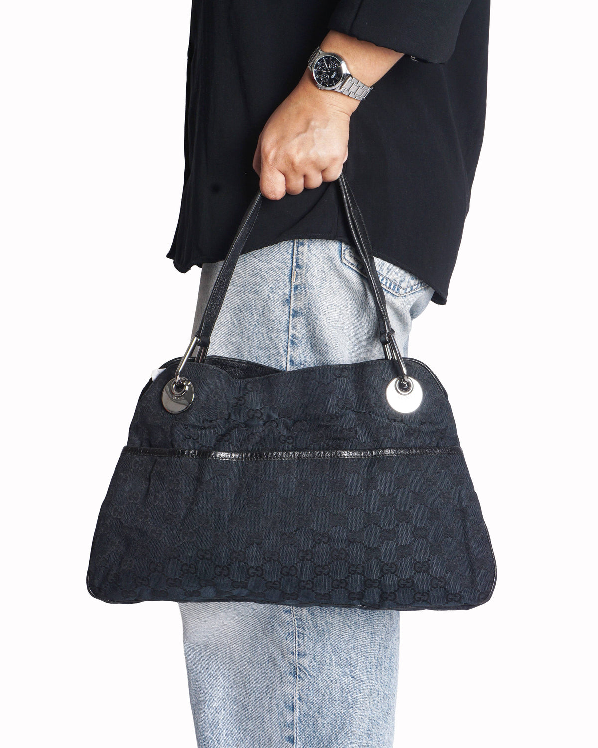 Gucci Black GG Canvas Leather Monogram Shoulder Bag