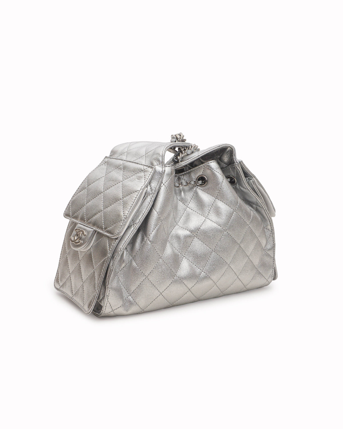 Chanel Metallic Silver Caviar Quilted Mini 25 Drawstring Bag
