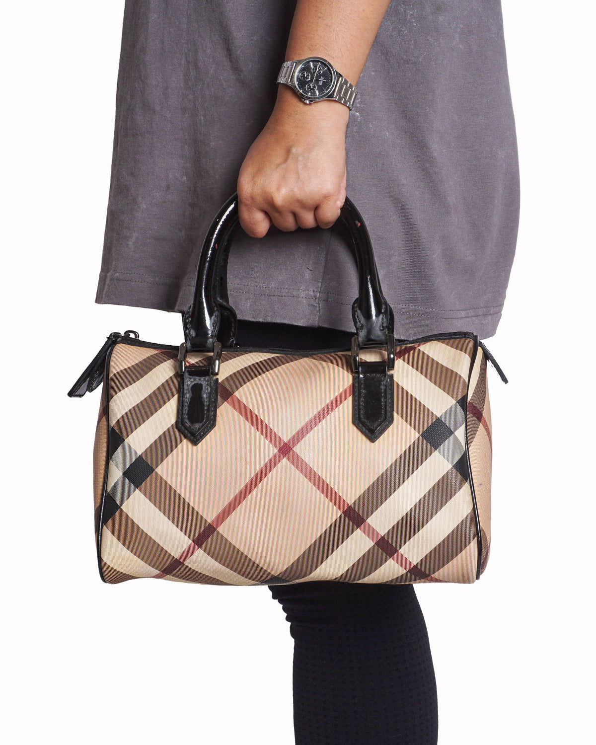 Burberry Nova Check Coated Canvas Patent Boston Bag