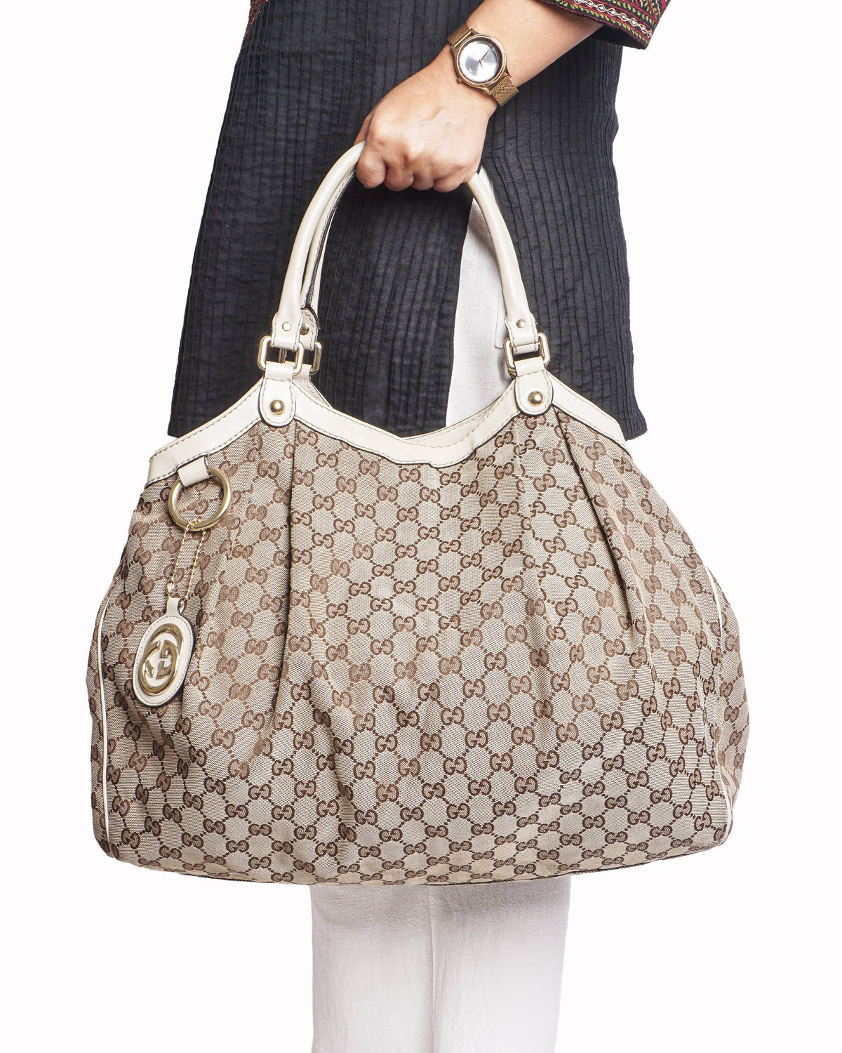 Gucci GG Canvas Large Hobo Bag Off-White Trim