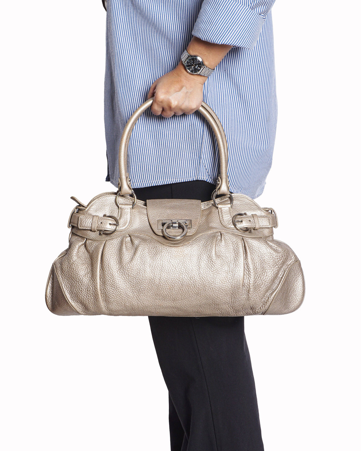 Salvatore Ferragamo Metallic Leather Gancini Marisa Shoulder Bag