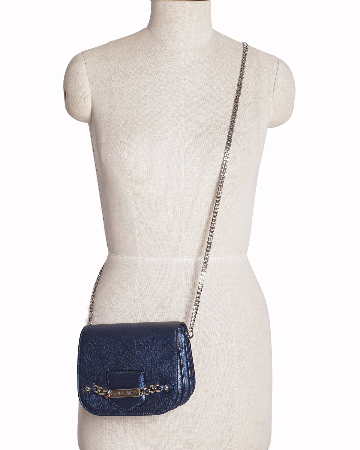 Jimmy Choo Navy Blue Leather Shadow Chain-Link Crossbody Bag