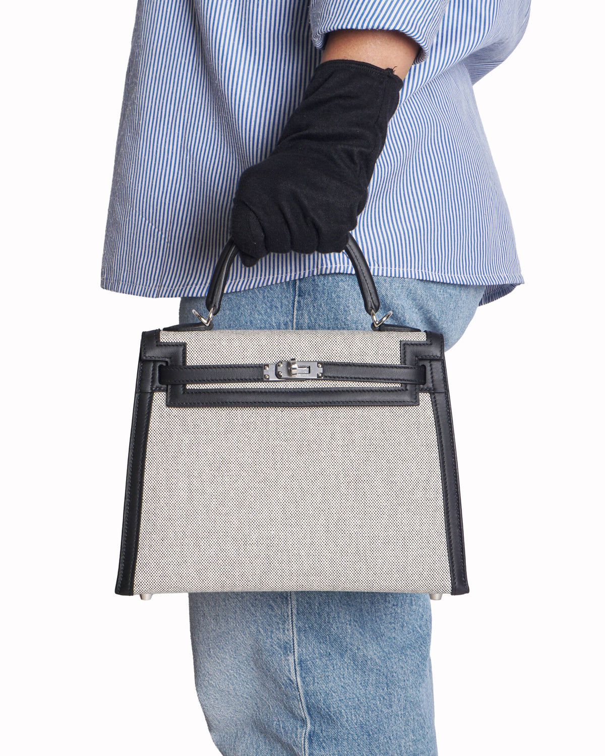 Hermès Kelly 25 Sellier Toile Canvas & Black Epsom Leather Bag